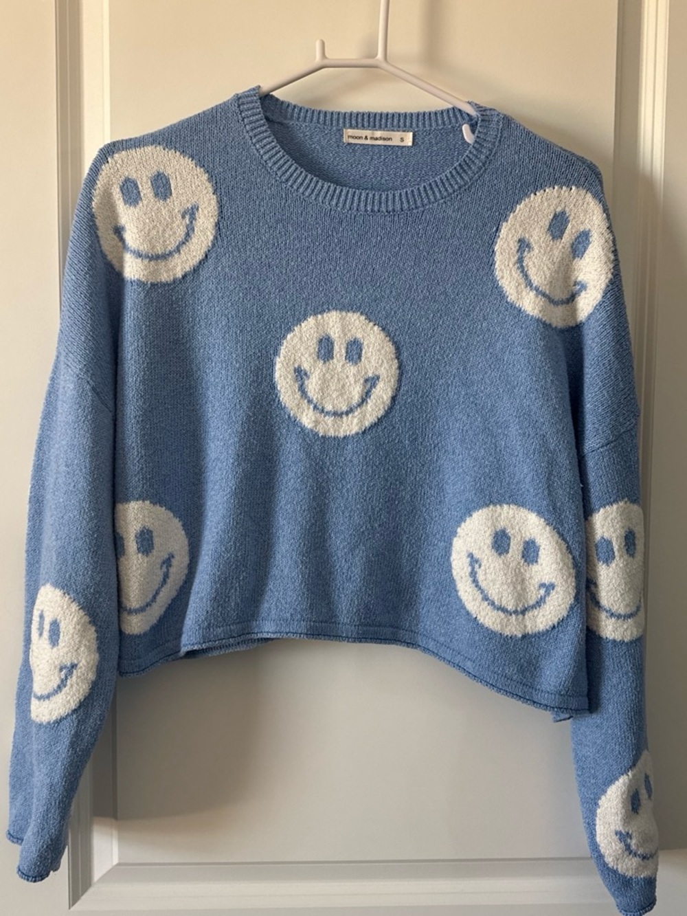 moon & madison Light Blue Smiley Face Cropped Sweater